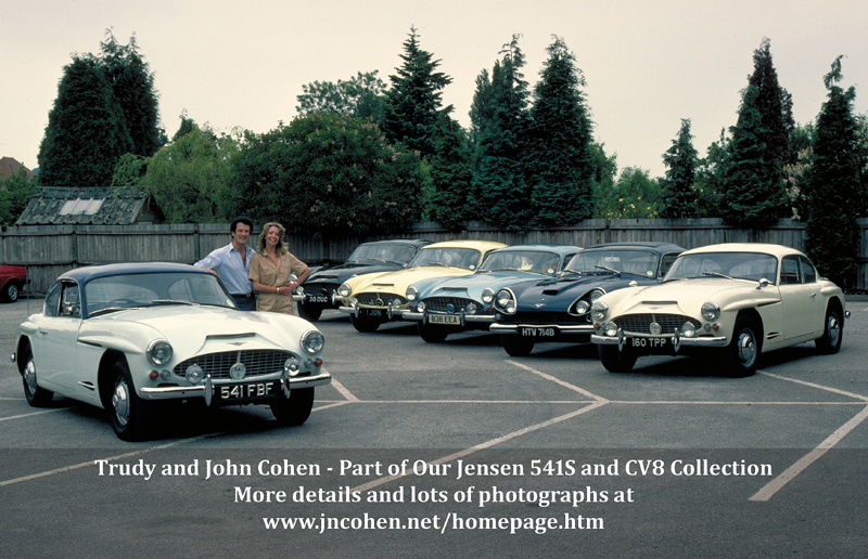 Trudy and John Neville Cohen with their collection of Jensen 541S cars plus a special CV8.