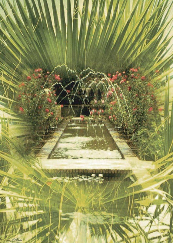 Large limited edition prints, Big, John Neville Cohen, Water Garden 2, Tropical, pond, fountains, Roses, Palms, Green, Yellow, Red