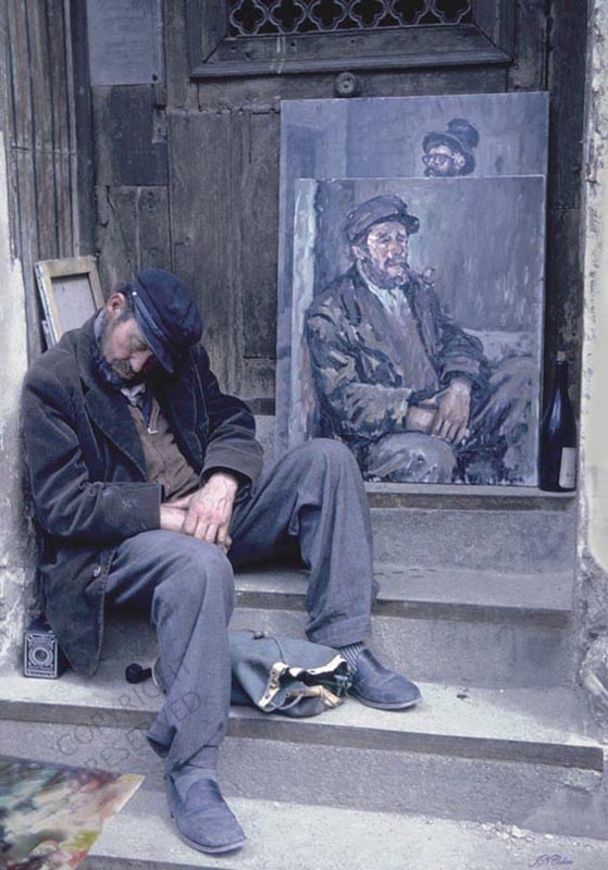 John Neville Cohen, Montmartre 4, Man, Tramp, Paintings, Blue, Beige